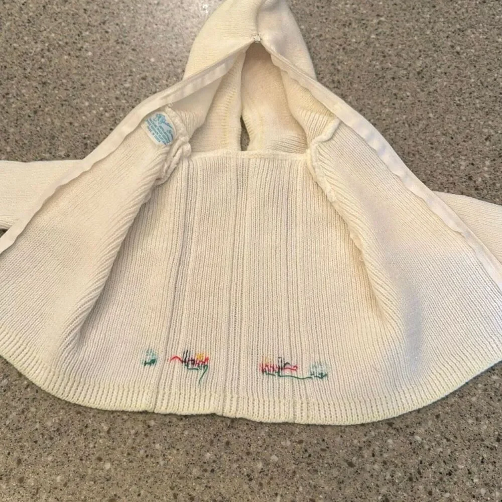 JULIUS BERGER Vintage Ivory Hooded Back Zip Cardigan Baby Sweater Car Train Embr